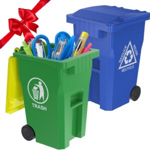 Wiosi Mini Trash Can Pen Holder for Desk – Set of 2 Tiny Recycle Bin Pencil Holders, Blue & Green, Compact Desk Organizer for Pens, Pencils & Small Supplies, Ideal for Students & Office Use
