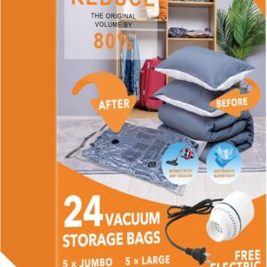 24-Pack Vacuum Storage Bags with Electric Pump – Space Saver Set for Clothes, Bedding, Pillows, Duvets, Comforters & Travel (5 Jumbo, 5 Large, 5 Medium, 5 Small, 4 Roll-Up Bags)
