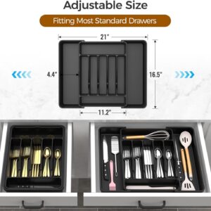 Extra Large Expandable Silverware Organizer, BPA-Free Food-Safe Cutlery Flatware Organizer, Kitchen Utensil Drawer Organizer, Adjustable Silverware Holder for Spoons Forks Knives, Black