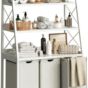 3-Section Laundry Hamper with 4-Tier Storage Shelves – Large Pull-Out Laundry Sorter with Removable Bags, Vertical Space-Saving Design for Laundry Room or Bathroom, White