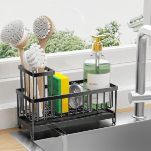 Cisily Kitchen Sink Sponge Holder & Caddy Organizer – Rustproof 304 Stainless Steel with Rotatable Spout, High Brush Holder, Soap Dispenser Storage, Compact Countertop Organizer, Black