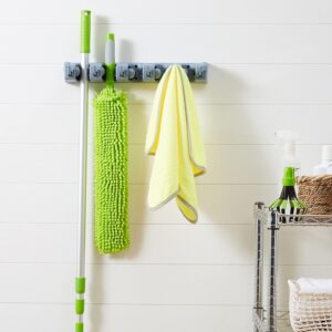 Amazon Basics Heavy-Duty Wall-Mount Broom & Mop Holder – Space-Saving Tool Organizer with 5 Slots & 6 Foldable Hooks for Garage, Kitchen, Laundry Room or Garden, Gray