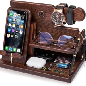 TESLYAR Wooden Phone Docking Station for Men – Solid Wood Desk & Nightstand Organizer with Phone Stand, Key Holder & Wallet Storage, Stylish Gift for Husband, Dad or Boyfriend – Bourbon Brown
