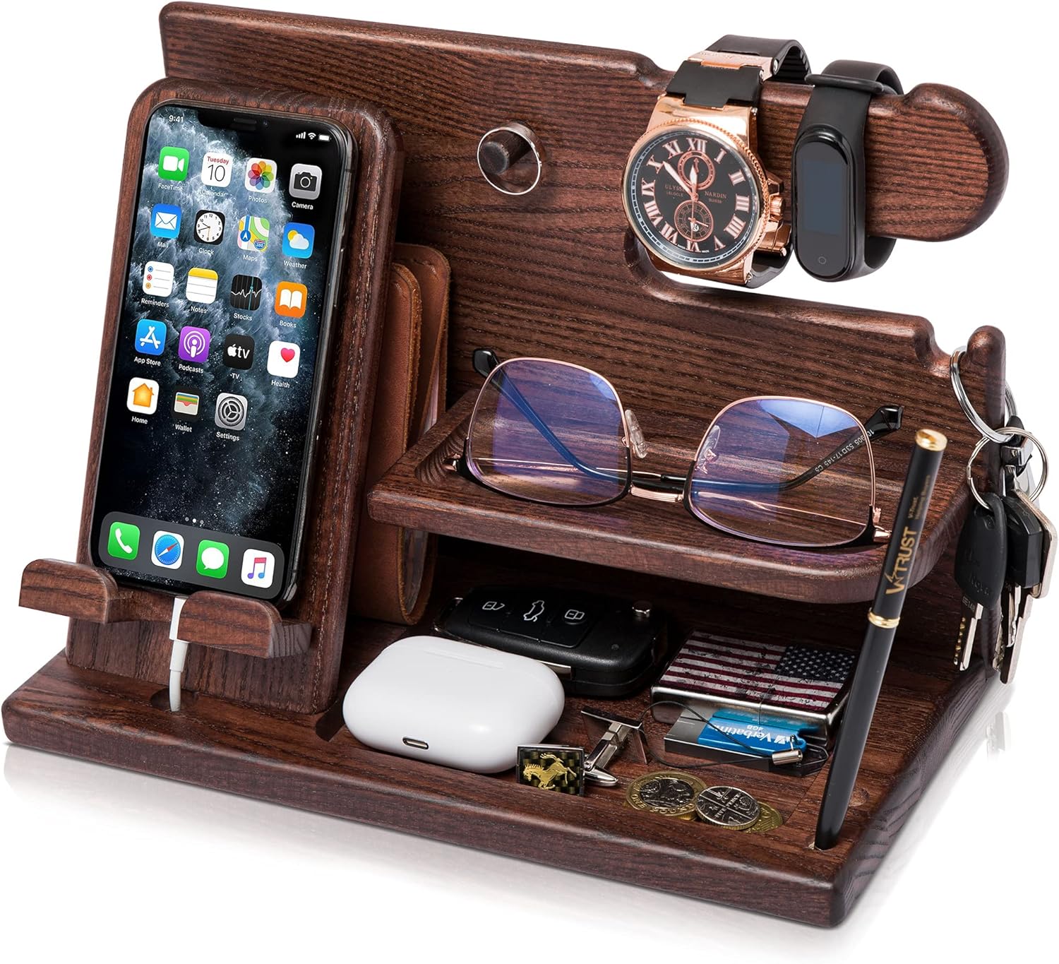 TESLYAR Wooden Phone Docking Station for Men – Solid Wood Desk & Nightstand Organizer with Phone Stand, Key Holder & Wallet Storage, Stylish Gift for Husband, Dad or Boyfriend – Bourbon Brown