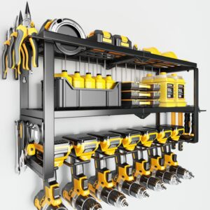 Heavy-Duty Power Tool Organizer Wall Mount – 3-Tier Garage Tool Storage Rack with 7 Drill Holders, 300 lb Load Capacity, Steel Wall Organizer for Workshop, Shed, Basement or Pegboard