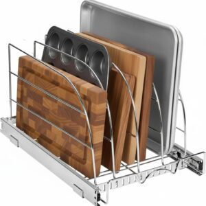 HOLDN’ STORAGE Pull-Out Bakeware Organizer for Cabinets – Heavy-Duty Tray, Cookie Sheet & Cutting Board Rack with Adjustable Dividers, Smooth Slide-Out Design for Narrow Cabinets, Chrome