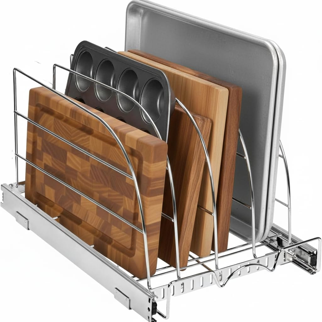 HOLDN’ STORAGE Pull-Out Bakeware Organizer for Cabinets – Heavy-Duty Tray, Cookie Sheet & Cutting Board Rack with Adjustable Dividers, Smooth Slide-Out Design for Narrow Cabinets, Chrome