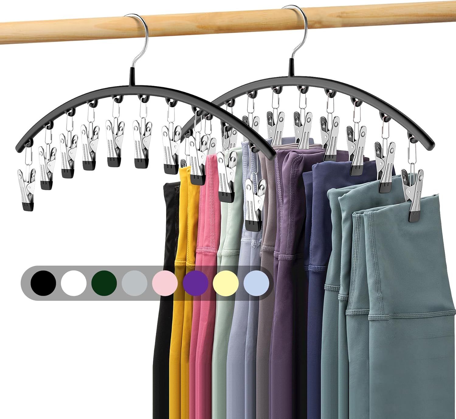 Leggings Organizer for Closet, 2-Pack Metal Yoga Pants Hangers with 10 Non-Slip Clips Each, Holds Up to 20 Leggings, Space-Saving Hanging Closet Organizer with Rubber-Coated Clips, Black